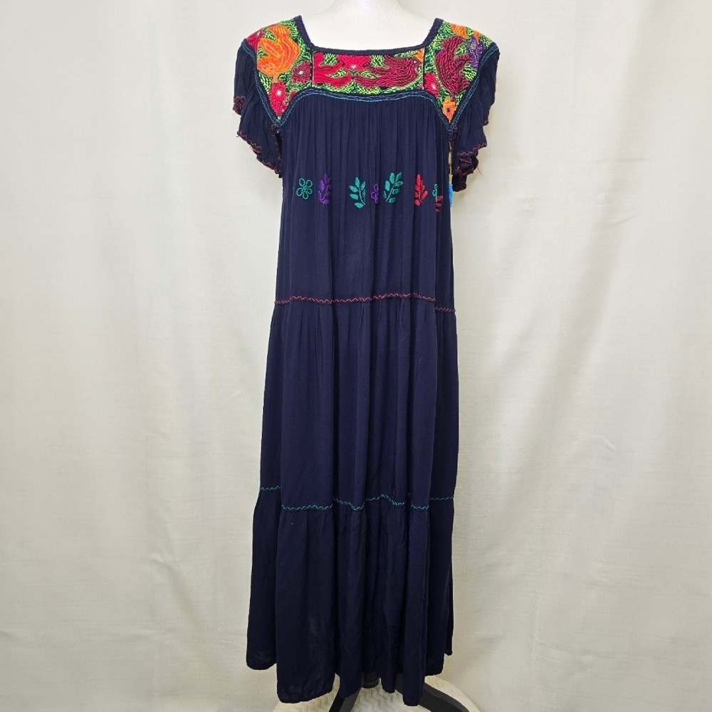 Handmade Mexican Peasant Maxi Dress XS Navy Blue Embroidered Floral Tiered Boho